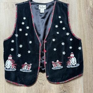 Christmas Satin Lined Black Velvet Vest ‎ Snowflakes Snowmen Penguins Size M